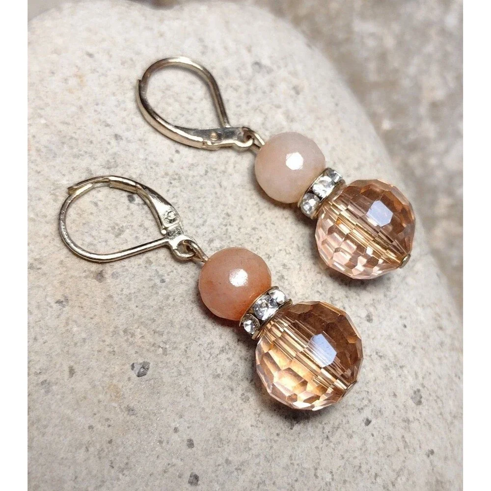 Vintage Peach Quartz Crystal Gold tone Dangle Earrings